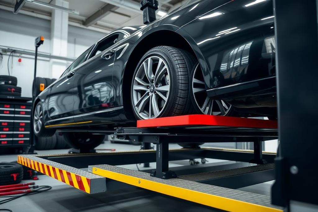 Car positioned on a wheel alignment rack in an automotive shop