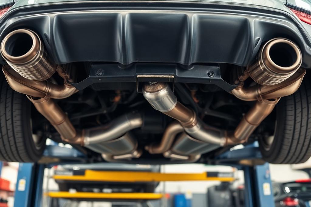 Vehicle exhaust system and mufflers viewed from underneath on a shop lift