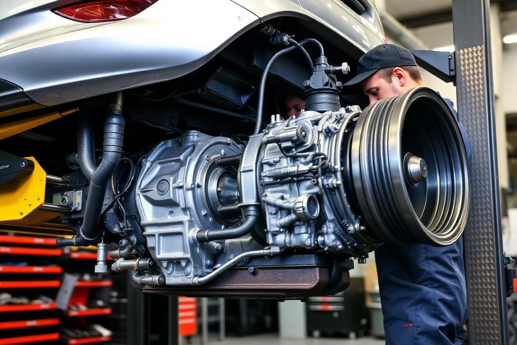 Technician servicing a vehicle transmission underneath a car on a lift